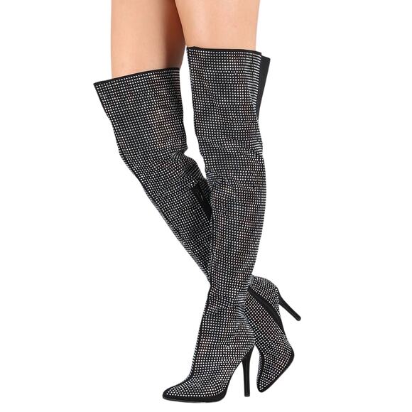 Anne Michelle Rhinestone Pointy Toe OTK Stiletto Heeled Boots Size 10 - Picture 1 of 8